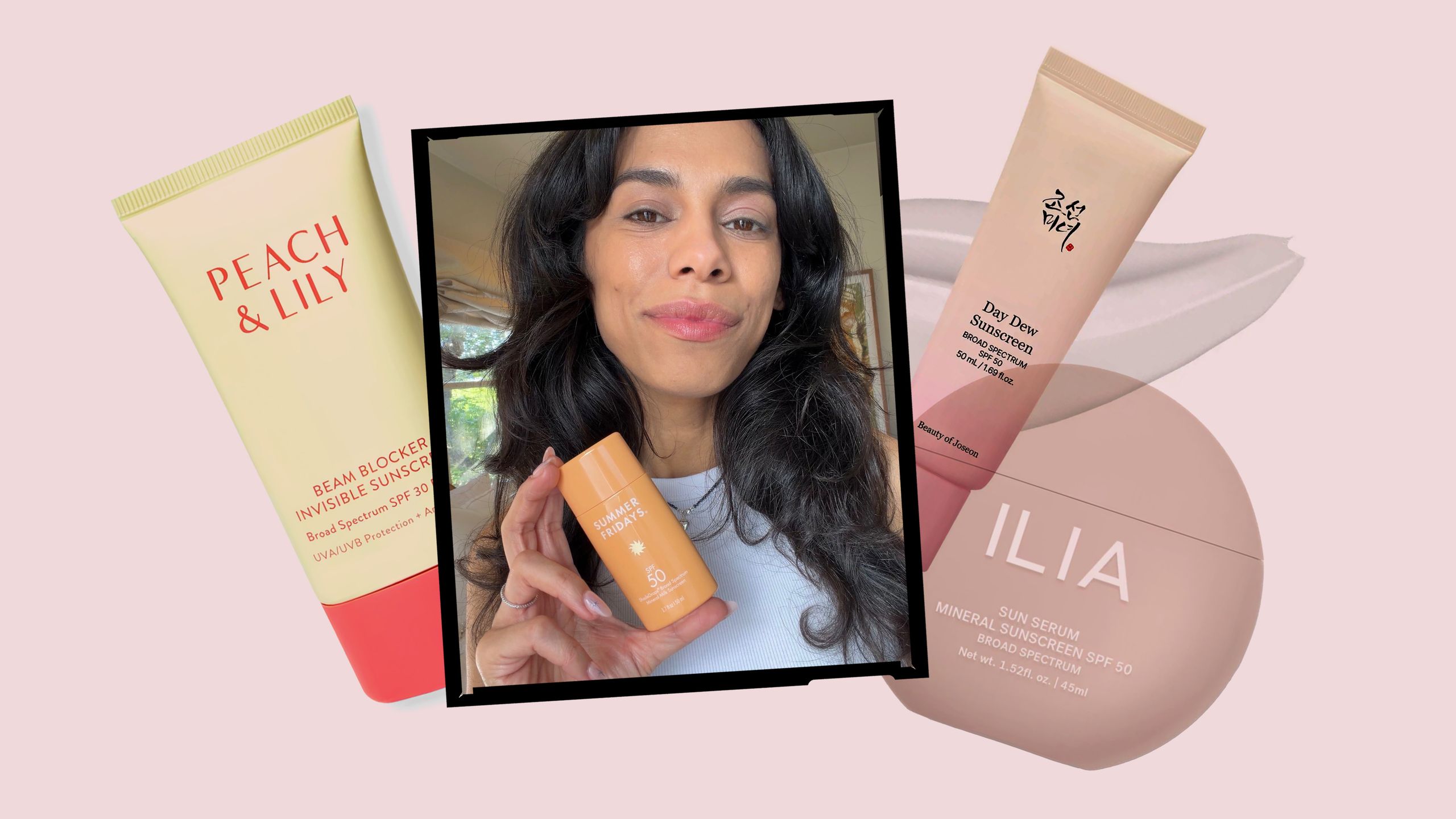 a collage of an Allure editor with sunscreen product silos on a light pink background