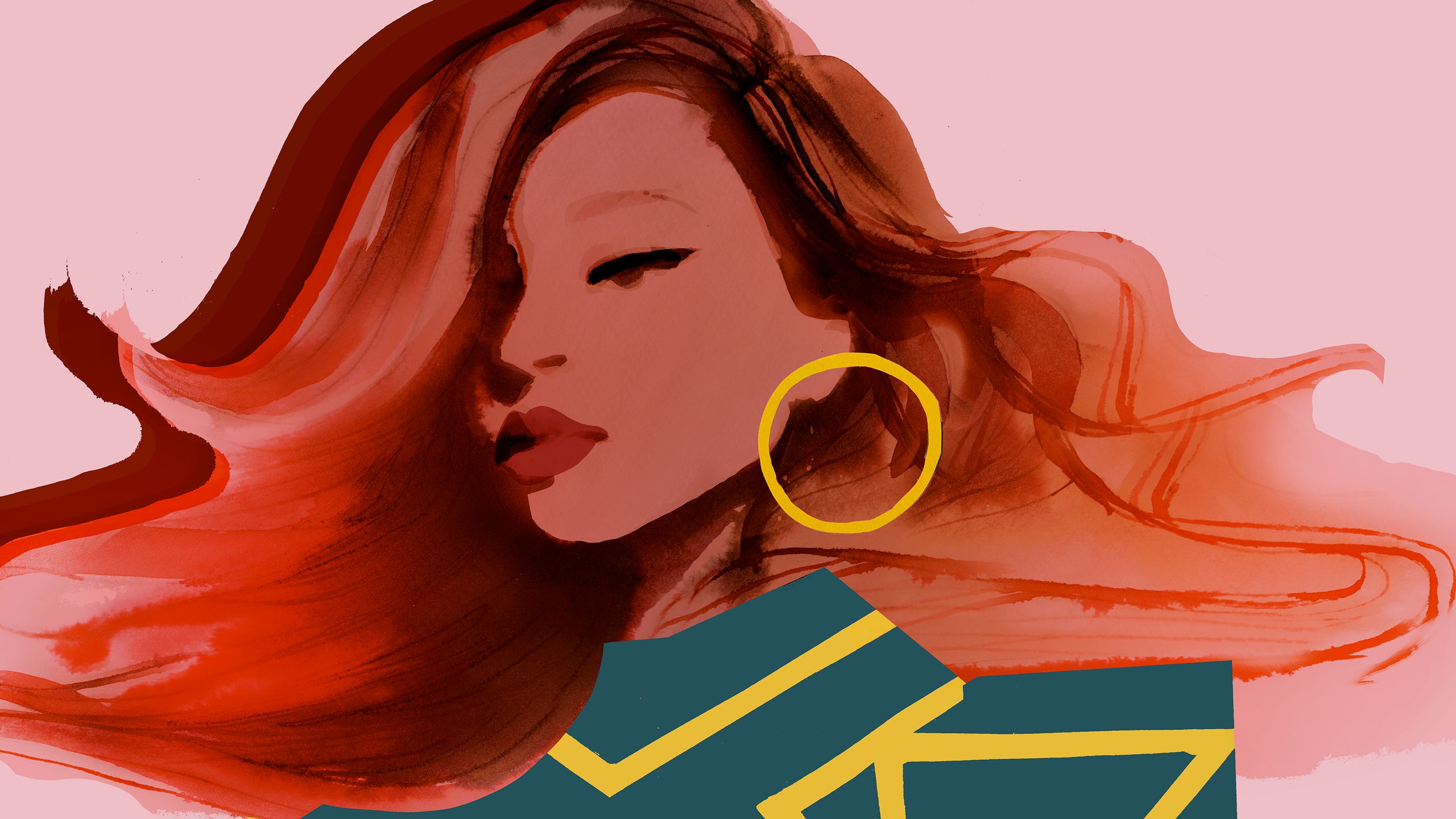 Painted portrait of woman with long hair and gold earrings