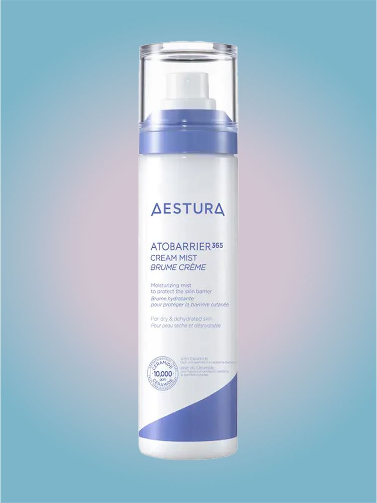 Aestura AtoBarrier365 Cream Mist in branded component on a pink and blue background
