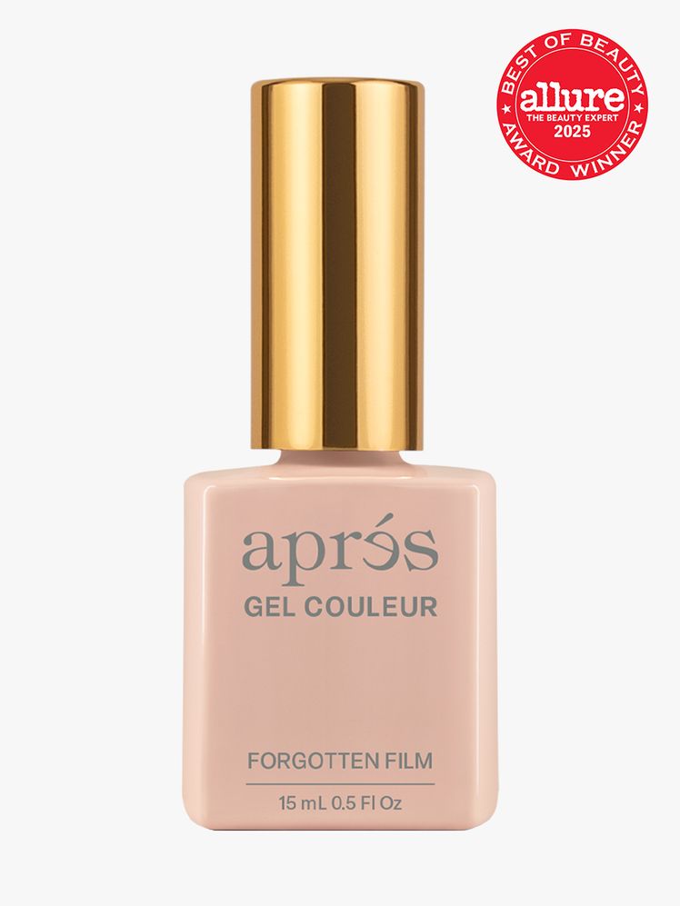 Après Nail Gel Polish in branded peach bottle with gold cap on light gray background with red Allure Best of Beauty seal...