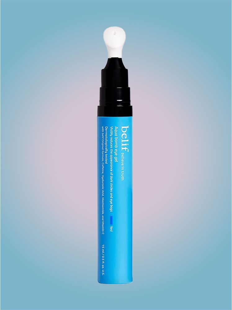 Belif Aqua Bomb Cooling Eye Gel in branded component on a pink and blue background