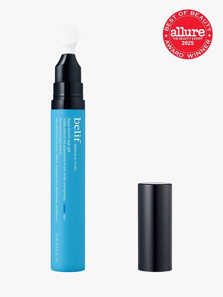 belif Aqua Bomb Eye Gel in branded blue tube with under eye applicator tip on light gray background with red Allure Best...