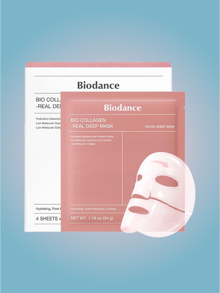 Biodance BioCollagen Real Deep Mask in branded components on a pink and blue background