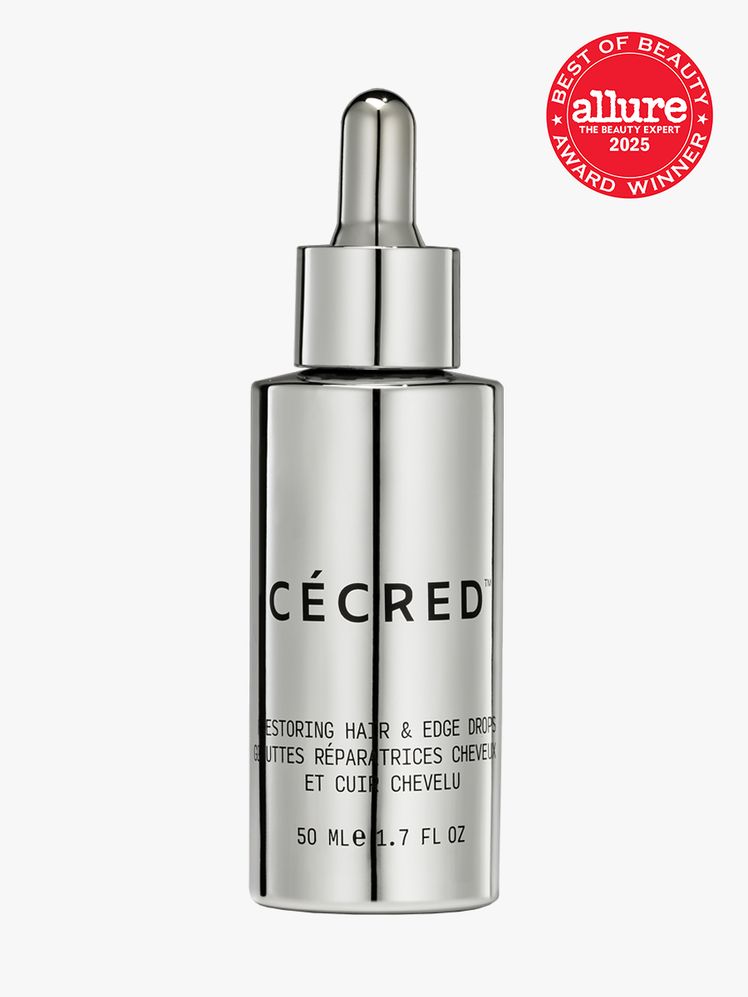 Restoring Hair  Edge Drops in branded silver bottle with pipette on light gray background with red Allure Best of Beauty...