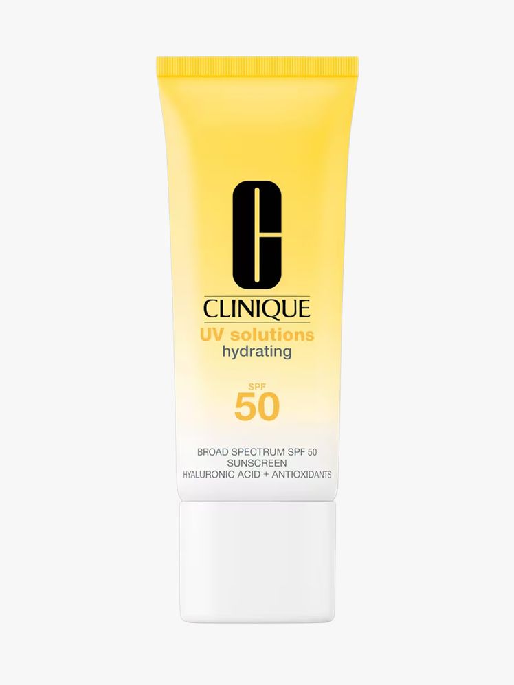 Clinique UV Solutions Hydrating SPF 50 in branded tube component on a light gray background