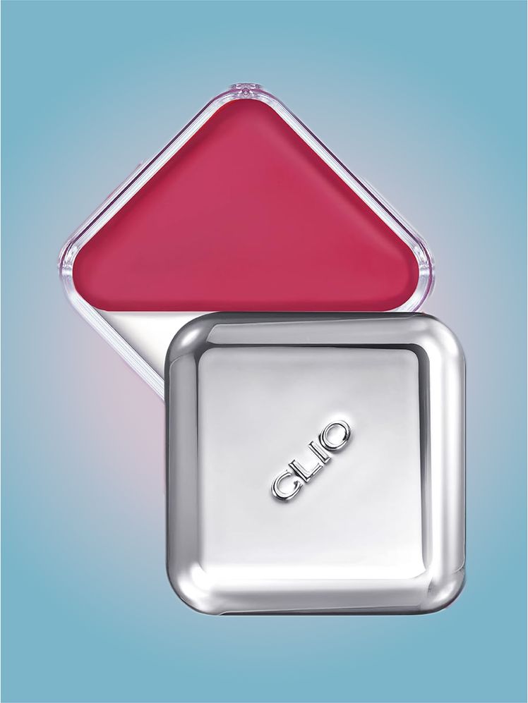 Clio Essential Lip  Cheek Tap in branded component on a pink and blue background