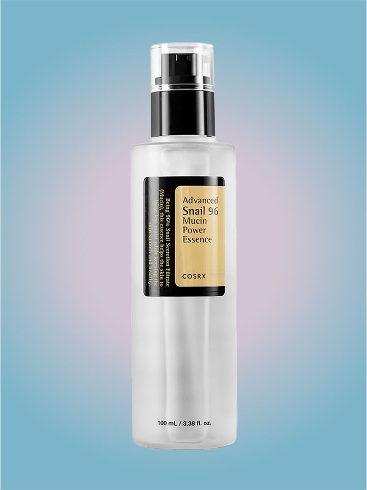CosRx Advanced Snail 96 Mucin Power Essence in branded component on a pink and blue background