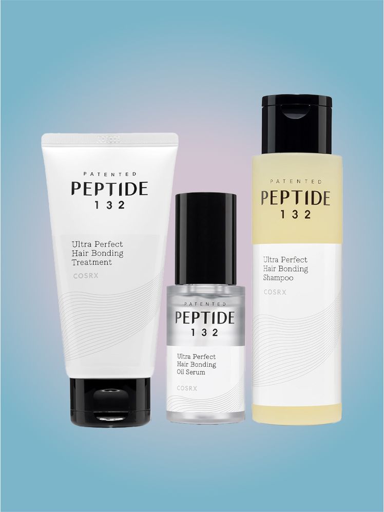 CosRx Peptide 132 Ultra Perfect Hair Bonding Trio in branded components on a pink and blue background