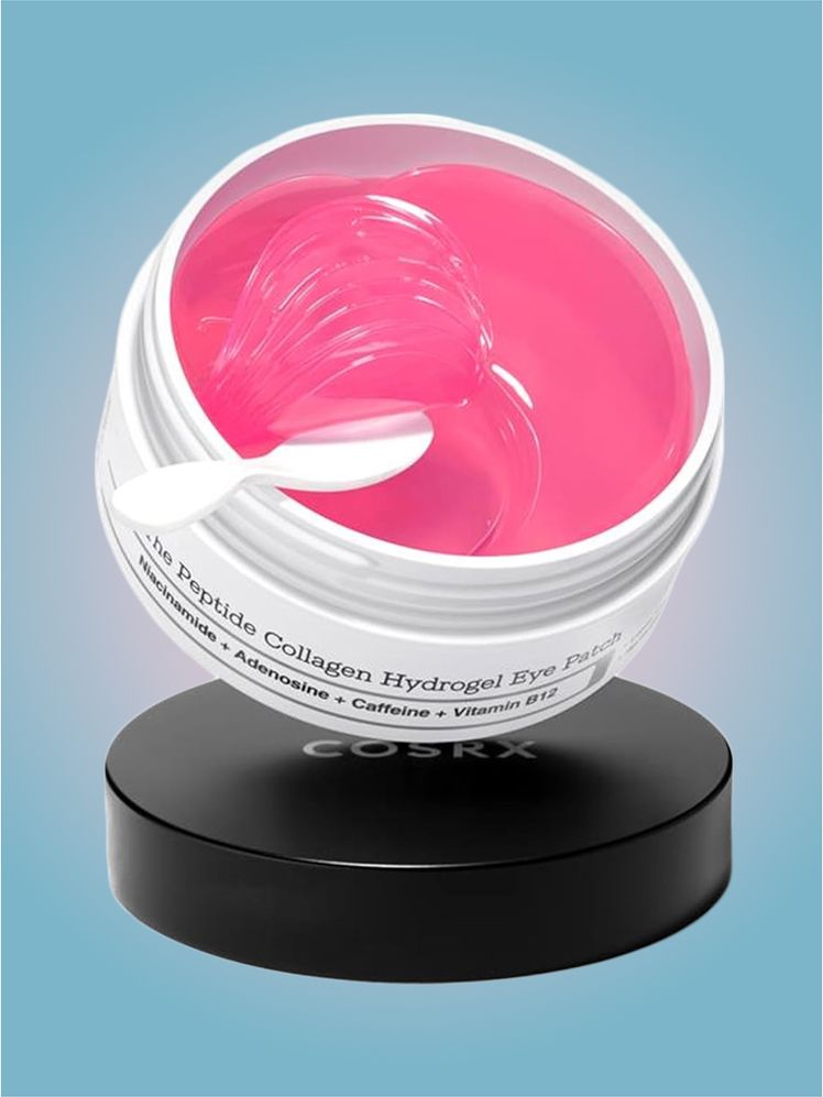 CosRx Pink Peptides Collagen Hydrogel Eye Patch in branded tub component on a pink and blue background