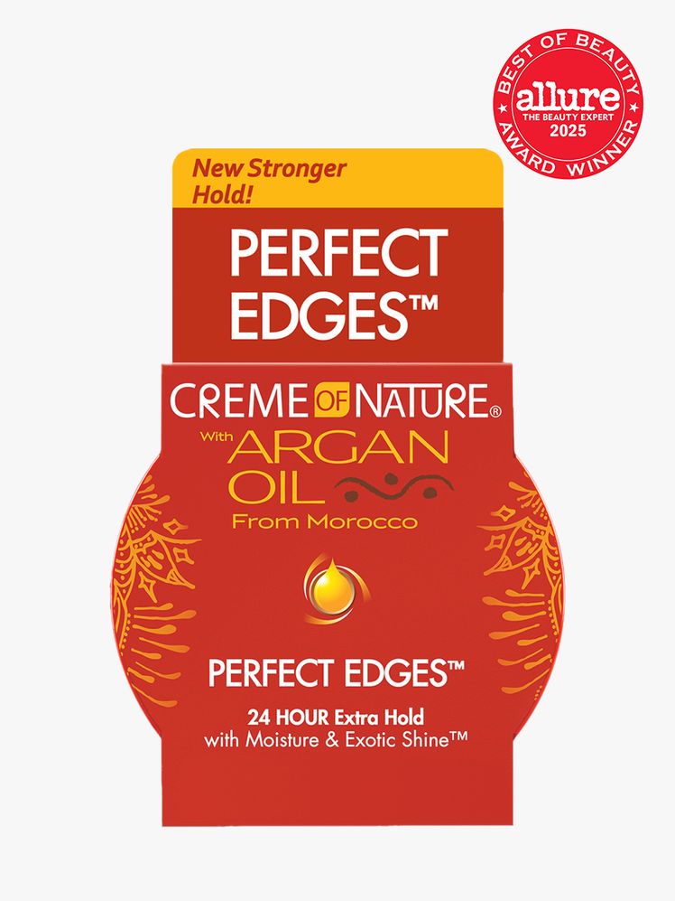Creme of Nature Argan Oil from Morocco Perfect Edges Firm Hold Edge Control in branded red jar on light gray background...