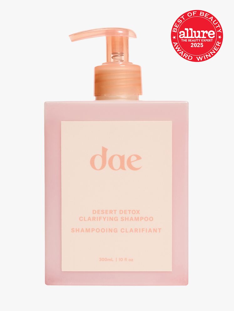 dae Desert Detox Clarifying Shampoo in branded pink bottle with peach pump on light gray background with red Allure Best...