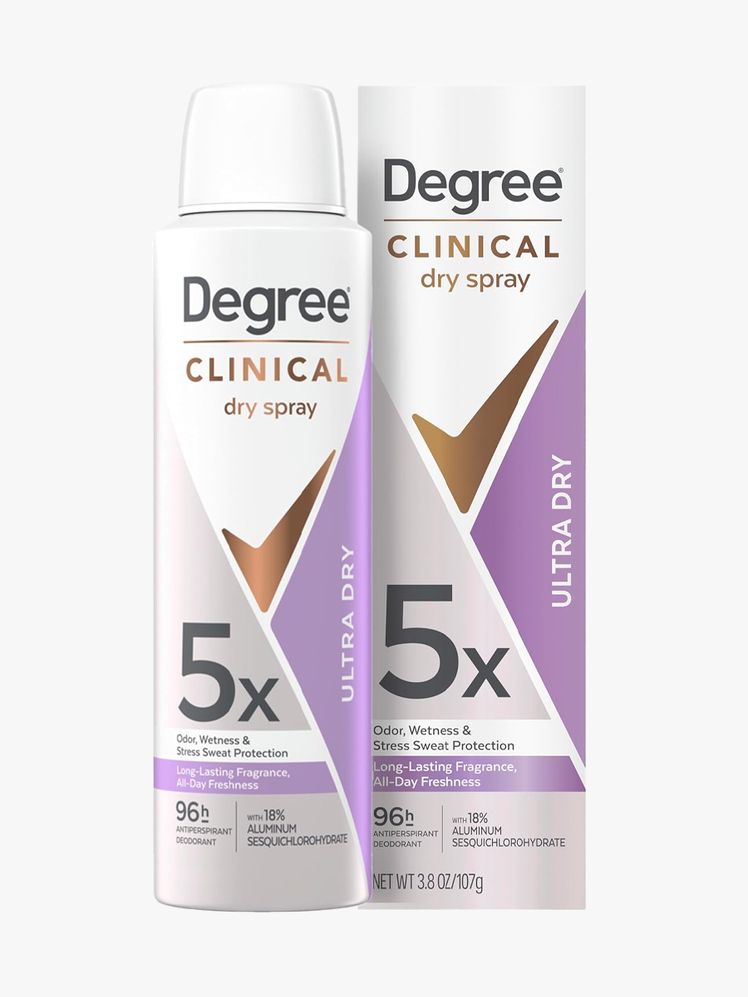 Degree Ultra Dry Clinical Antiperspirant Dry Spray in branded component on a light gray background