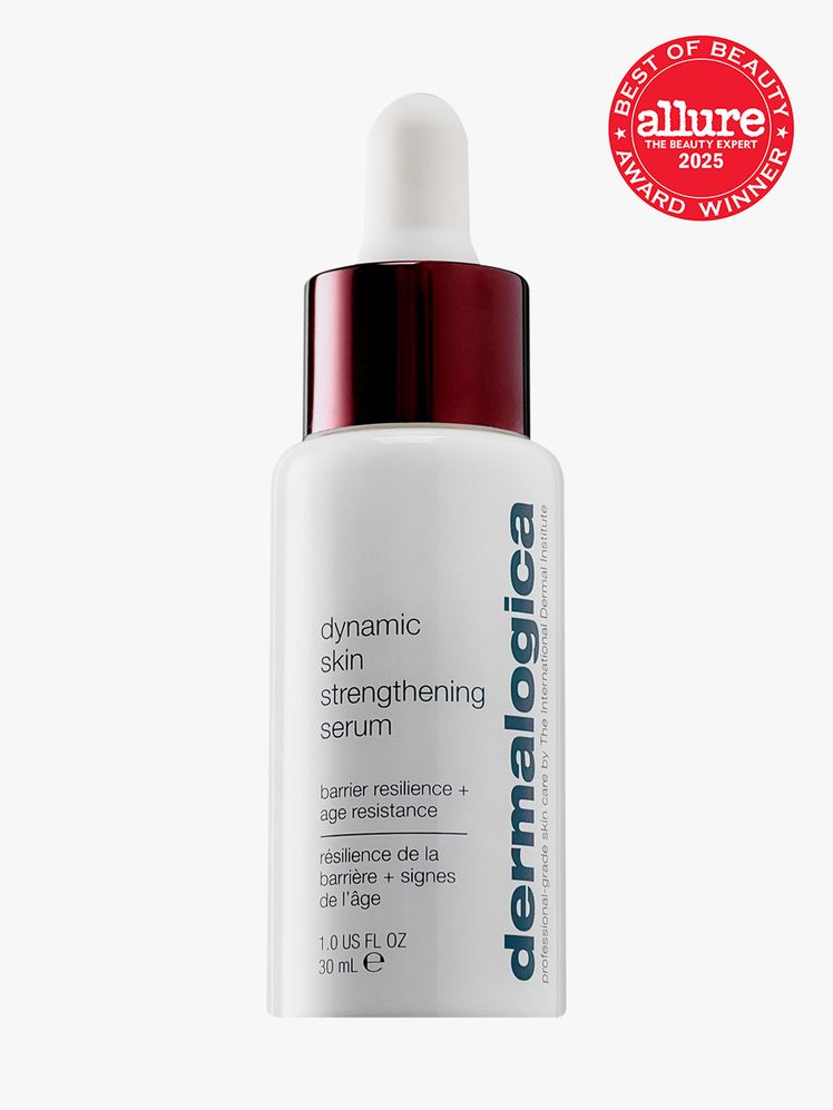 Dermalogica Dynamic Skin Strengthening Serum in branded white bottle with pipette on light gray background with red...