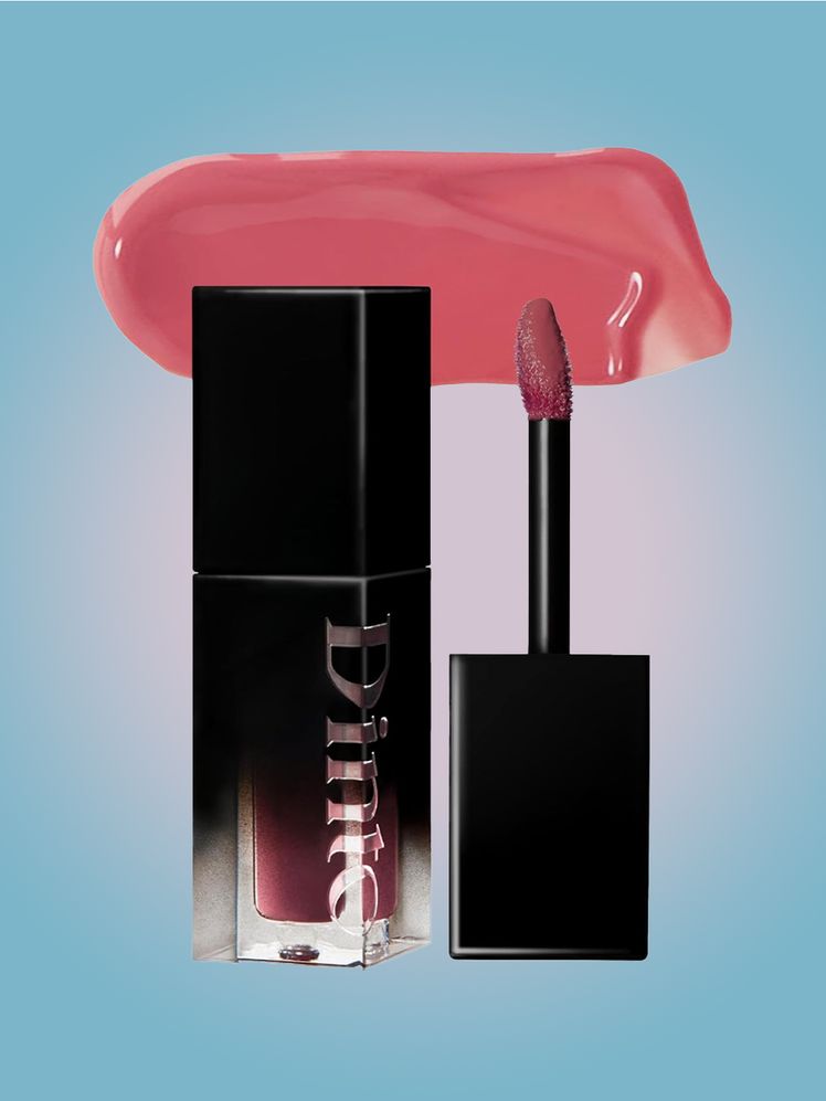 Dinto BlurGlowy Lip Tint vial of lip tint and swatch on light blue background