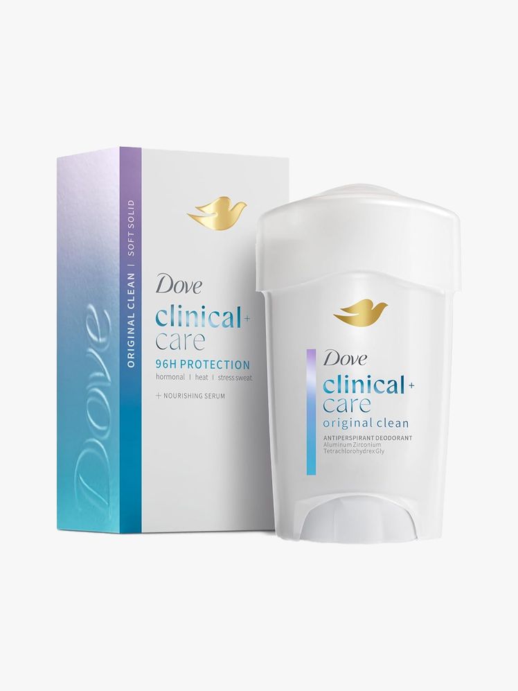 Dove Clinical Protection Antiperspirant and Deodorant in branded component on a light gray background
