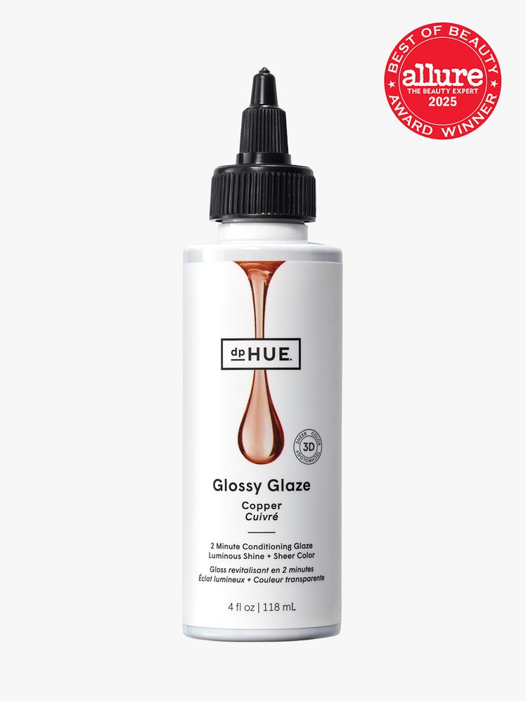 dpHUe Glossy Glaze in branded white bottle with black applicator cap on light gray background with red Allure Best of...