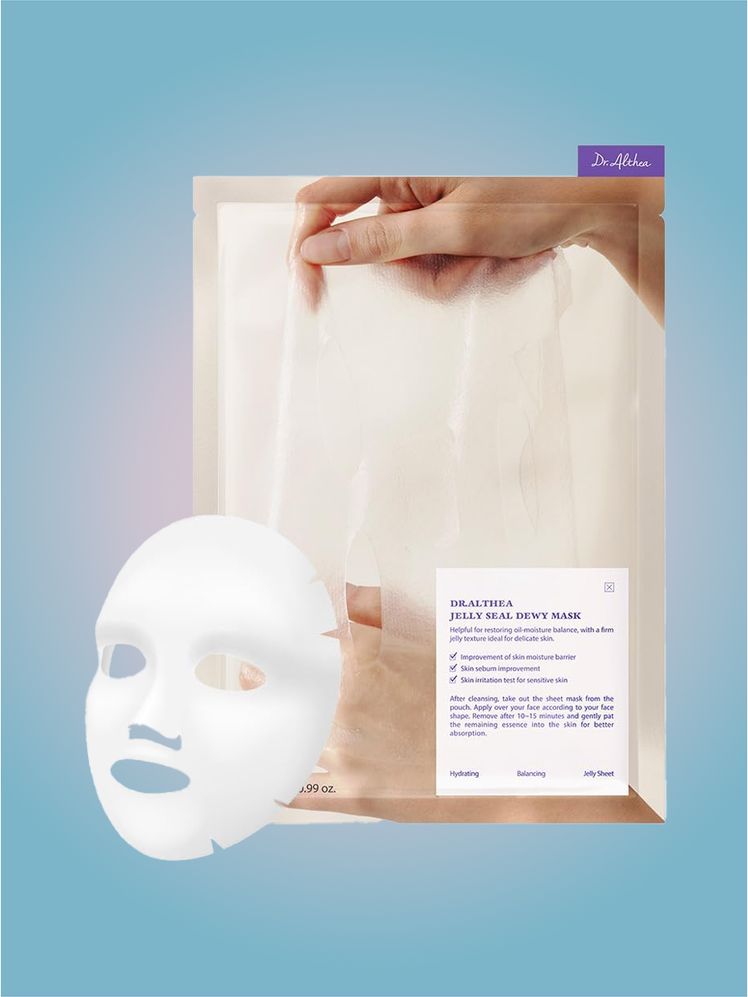 Dr. Althea Jelly Seal Dewy Mask in branded component on a pink and blue background