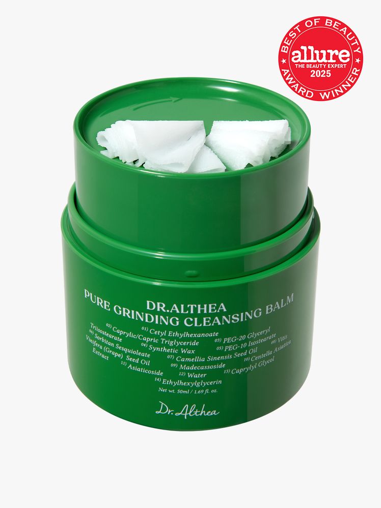 Dr. Althea Pure Grinding Cleansing Balm green twisting jar on cleansing balm on light gray background with red Allure...