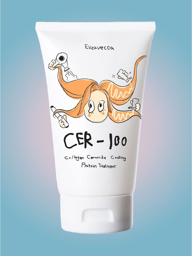 Elizavecca Cer100 Collagen Coating Hair Protein Treatment in branded tube component on a pink and blue background