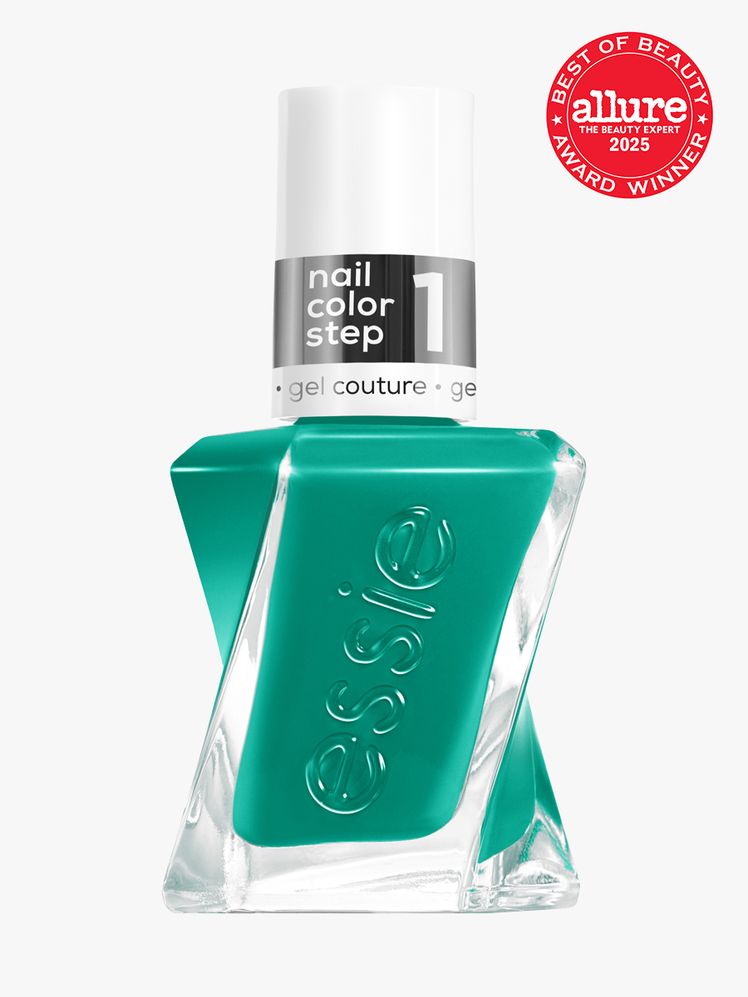 gel by essie twisted bottle of kelly green nail polish with white cap on light gray background with red Allure Best of...