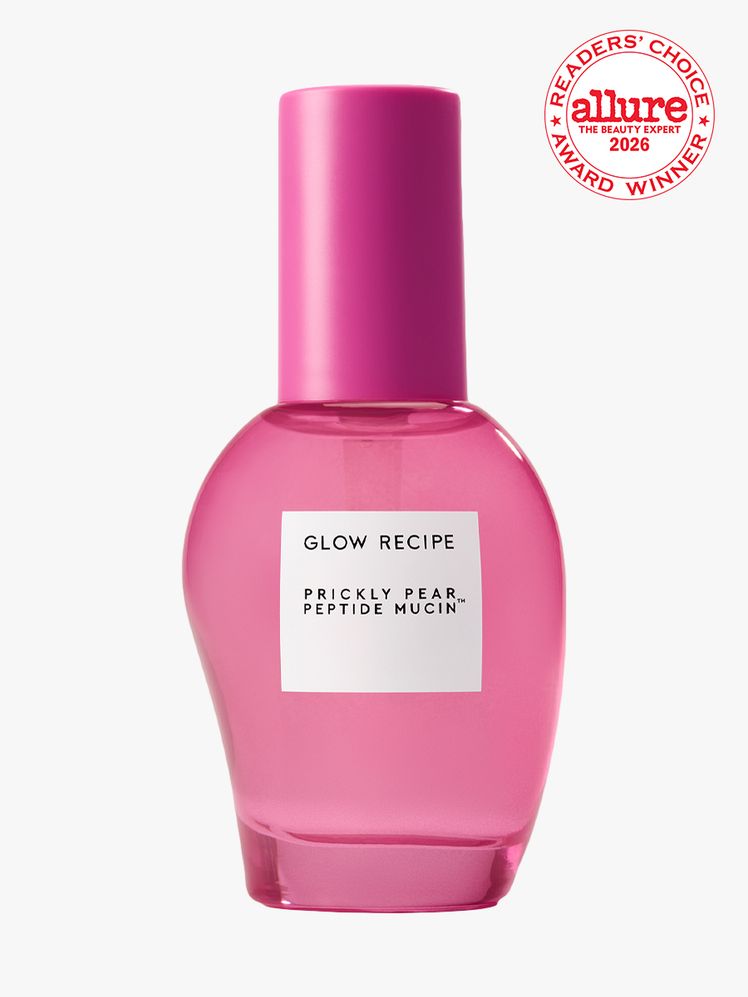 Pink bottle of Glow Recipe Prickly Pear Peptide Mucin on a white background