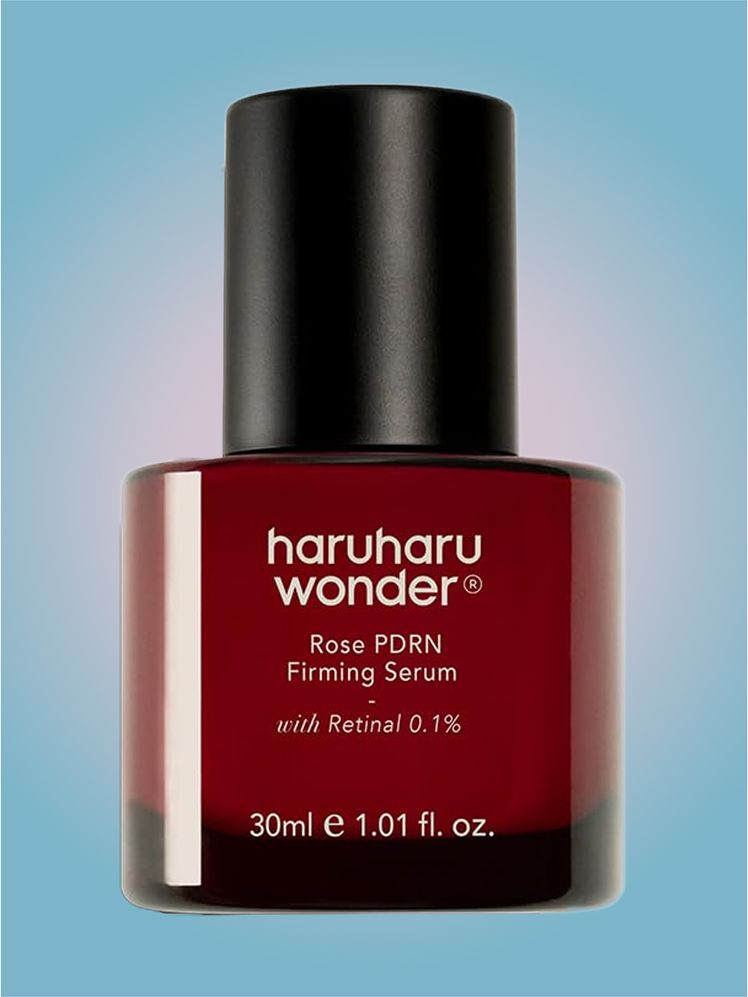 Haruharu Wonder Rose PDRN Firming Serum with Retinal in branded component on a pink and blue background