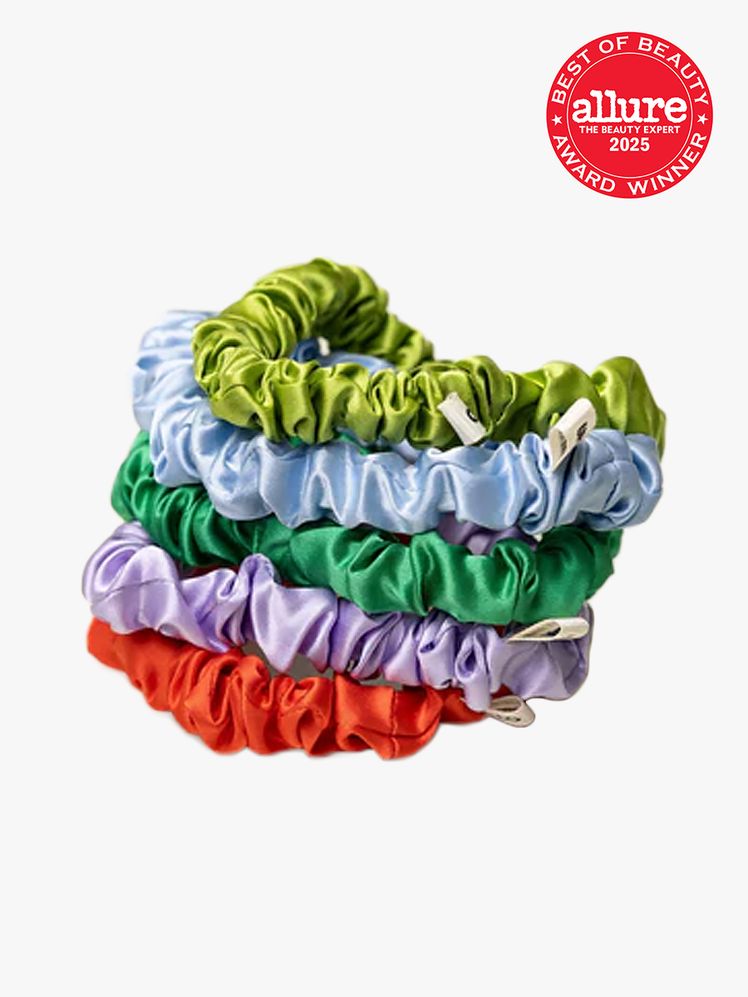 Hello Updo Flora Silk Scrunchies in branded components with best of beauty 2025 seal in the top right corner on a light gray background