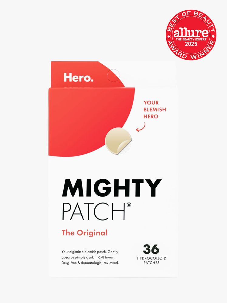Mighty Patch Original in branded white and red box packaging on light gray background with red Allure Best of Beauty...