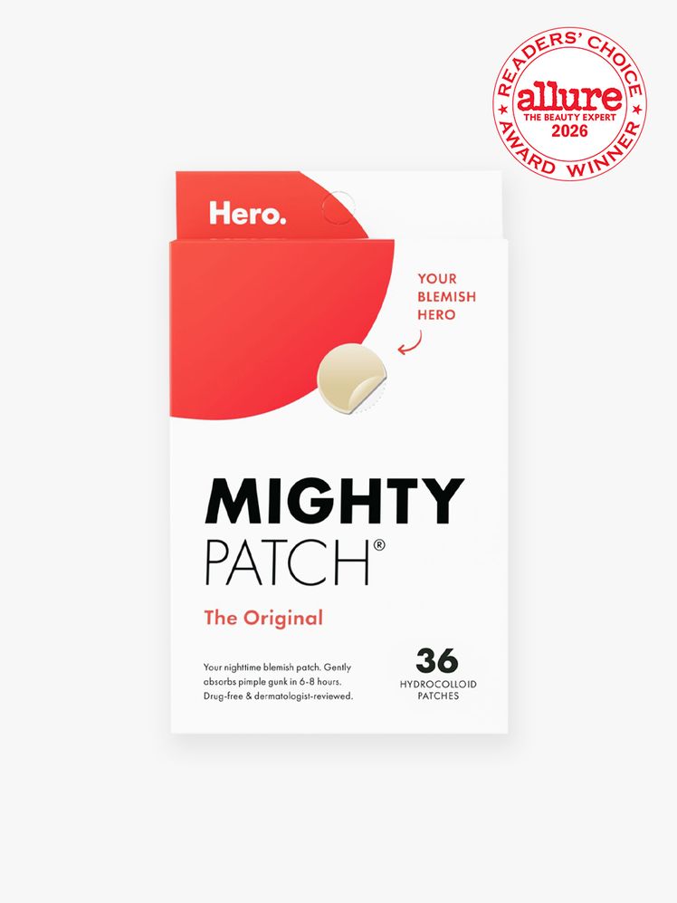 Hero The Original Mighty Patch red and white box of pimple patches on light gray background with white and red Allure Readers Choice Award seal in the top right corner