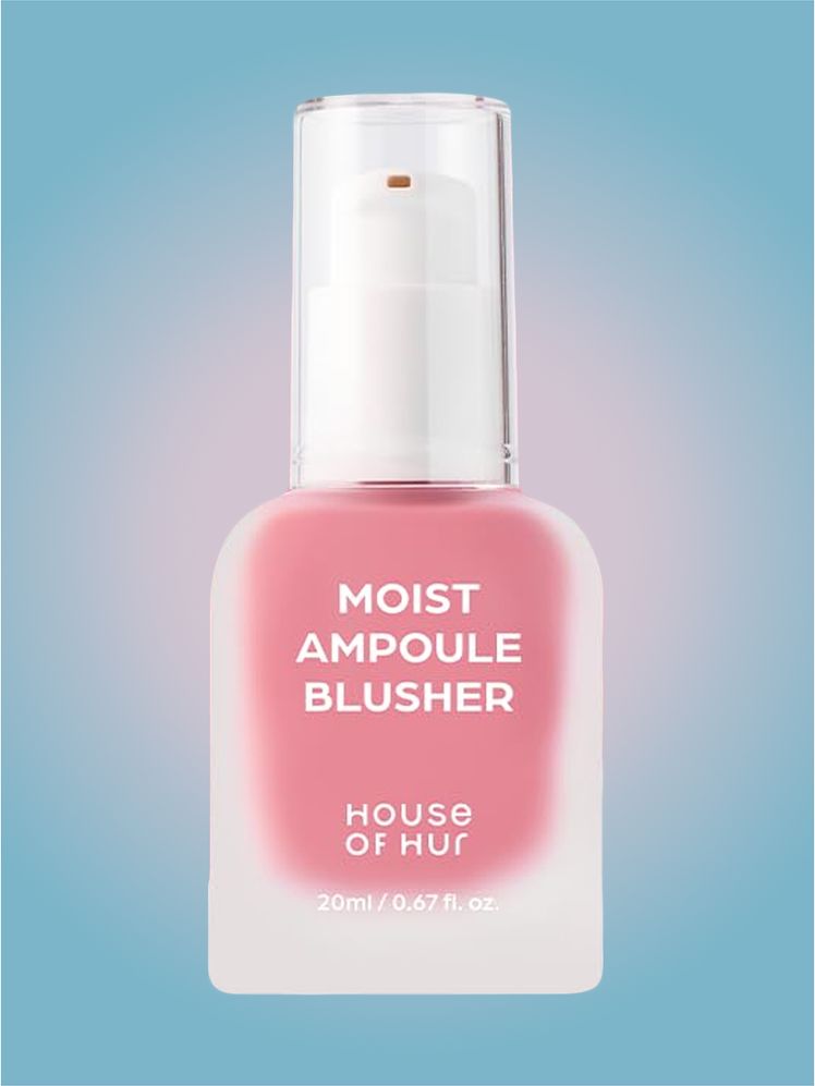 House of Hur Moist Ampoule Blusher in branded component on a pink and blue background