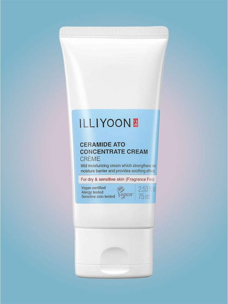 Illiyoon Ceramide Ato Concentrate Cream in branded tube component on a pink and blue background
