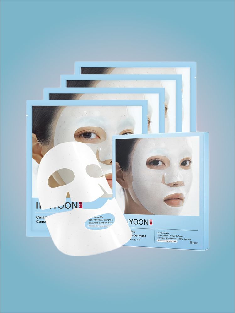 Illiyoon Ceramide Ato Concentrate Gel Face Mask in branded components on a pink and blue background