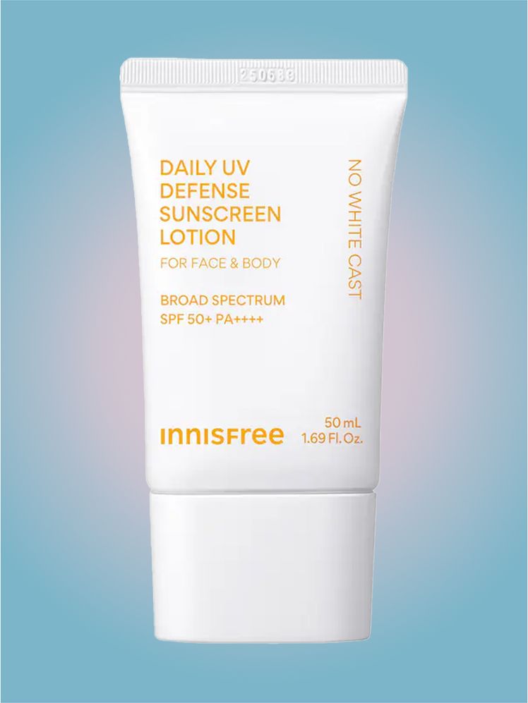 Innisfree Daily UV Defense Sunscreen SPF 50 PA in branded tube component on a pink and blue background