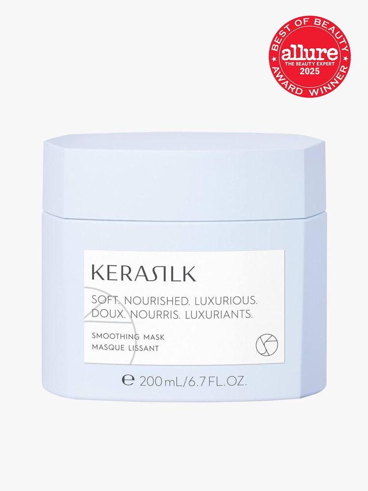 KERASILK Smoothing Mask in branded blue jar with lid on light gray background with red Allure Best of Beauty seal in the...