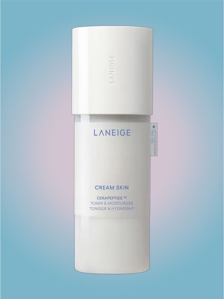 Laneige Cream Skin Toner  Moisturizer in branded component on a pink and blue background