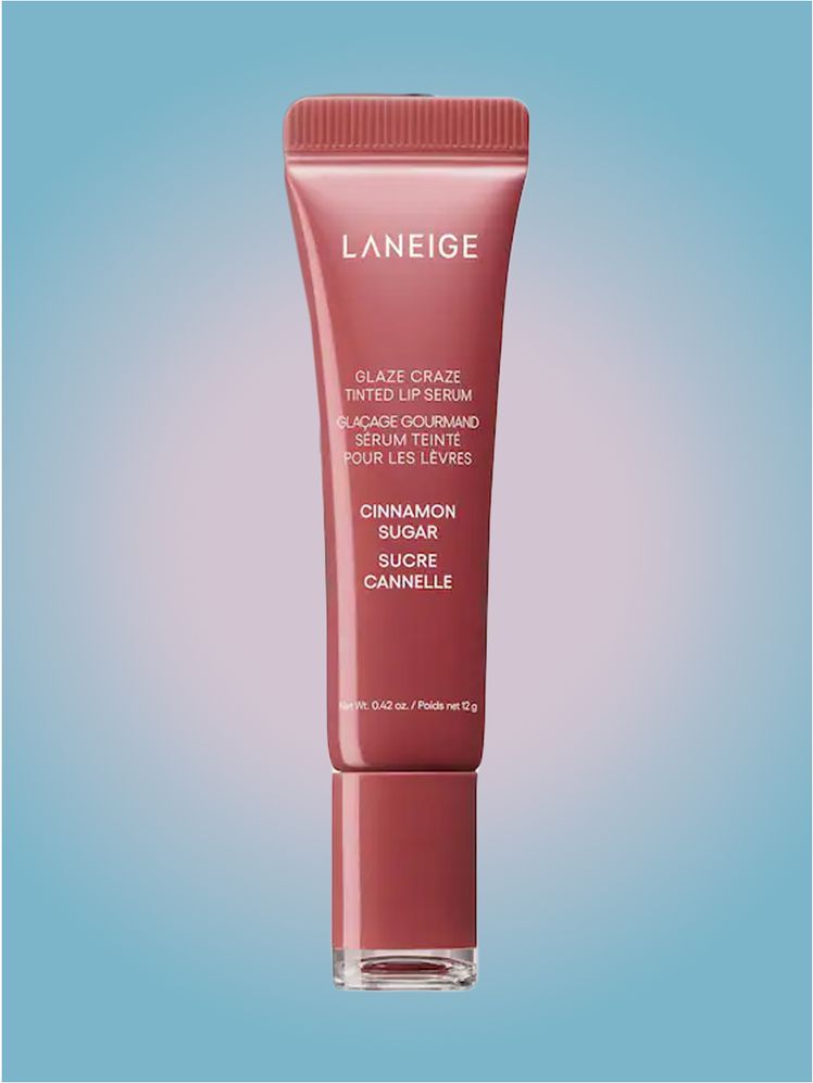 Laneige Glaze Craze Lip Serum in branded tube component on a pink and blue background