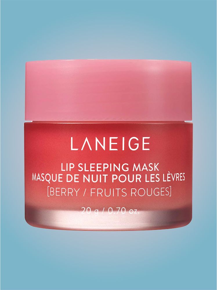 Laneige Lip Sleeping Mask in branded tub component on a blue and pink background
