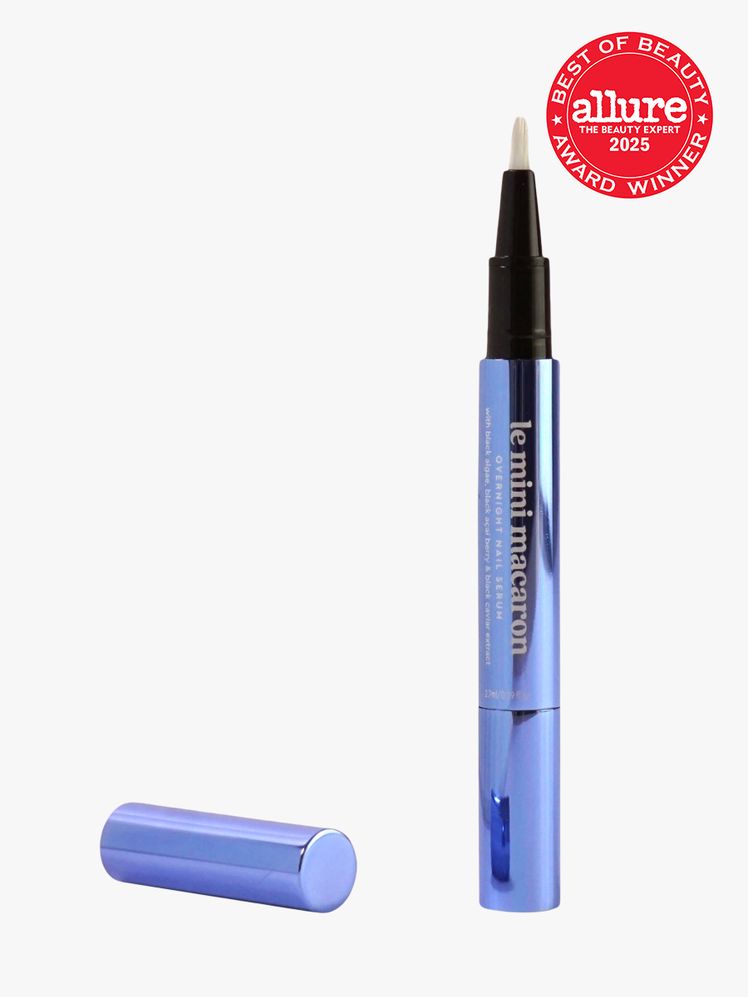 Le Mini Macaron Lunegloss Revitalizing Serum Pen in branded blue color way on light gray background with red Allure Best...