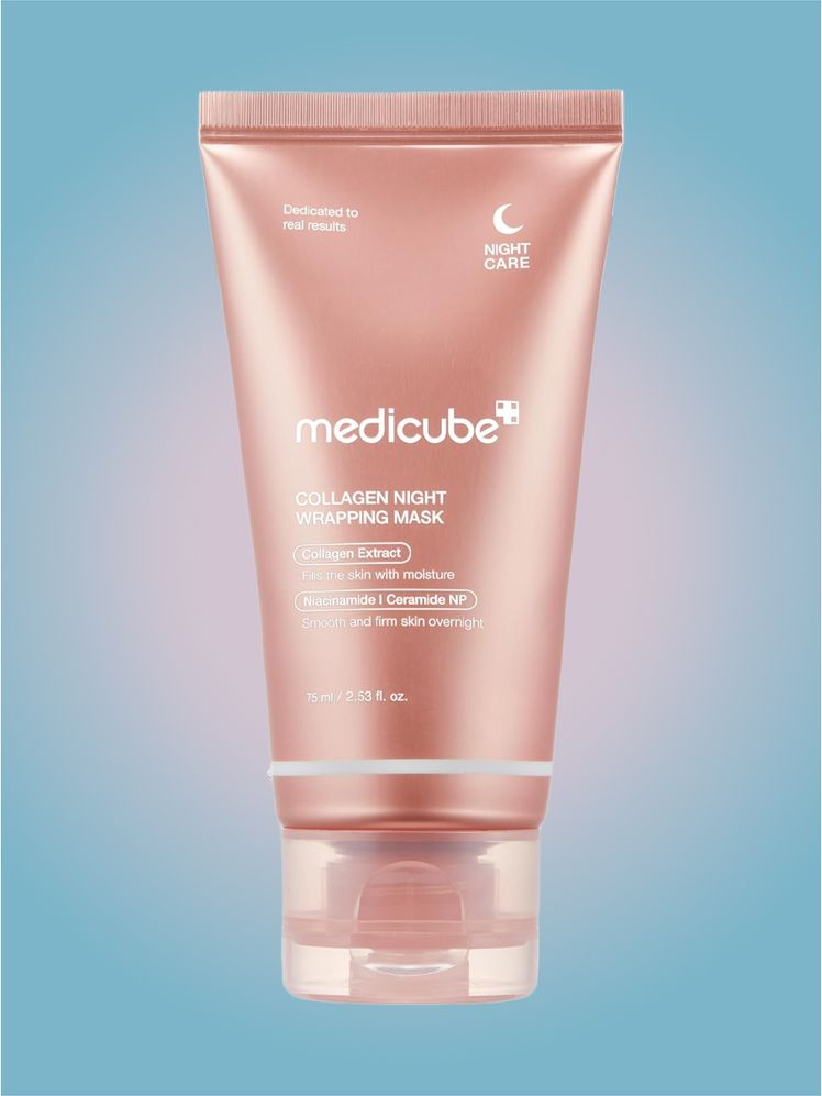 Medicube Collagen Wrapping Mask in branded tube component on a pink and blue background