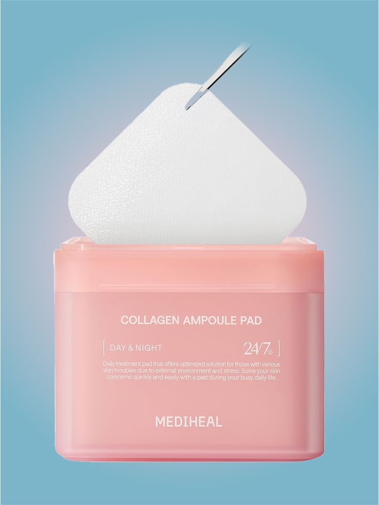 Mediheal Daily Collagen Ampoule Toner Pads in branded component on a pink and blue background