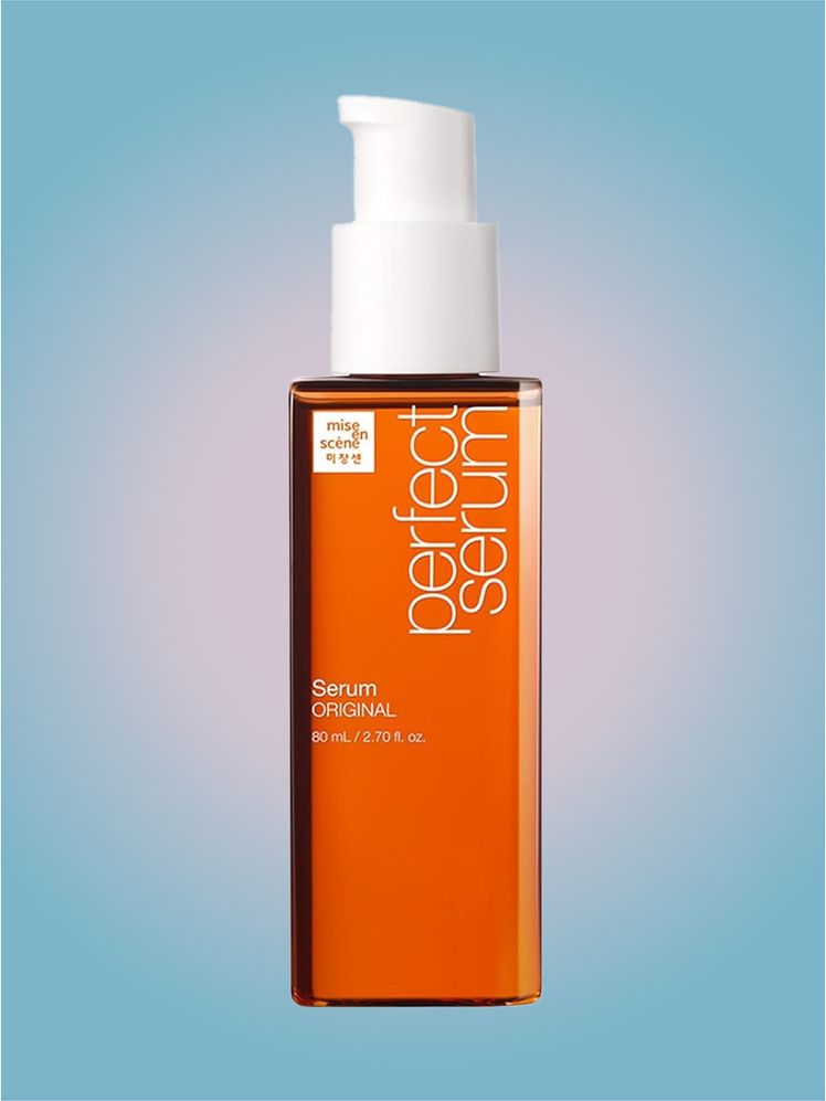 Mise En Scene Perfect Serum in branded component on a pink and blue background