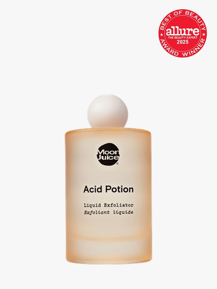 Moon Juice Acid Potion in branded clear orange bottle with white cap on light gray background with red Allure Best of...