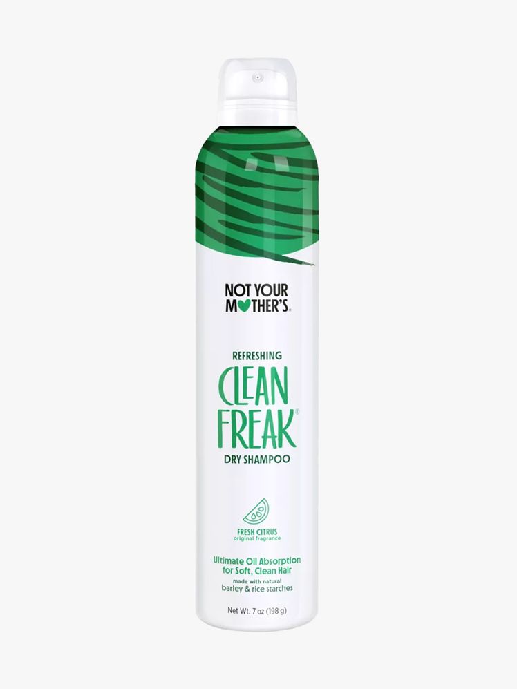Not Your Mother's Clean Freak Dry Shampoo white and green aerosol spray canister on light gray background
