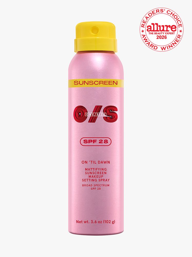 Pink spray bottle of One/Size by Patrick Starrr On' Til Dawn Mattifying Sunscreen Makeup Setting Spray on a white background
