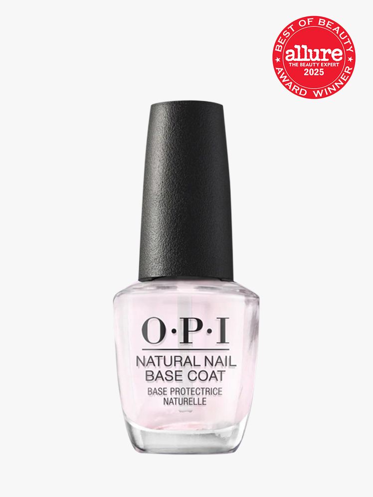 OPI Natural Nail Base Coat in clear glass bottle with black cap on light gray background with red Allure Best of Beauty...