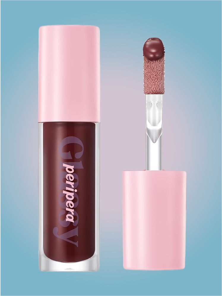 Peripera Ink Glasting Lip Gloss in branded component on a pink and blue background