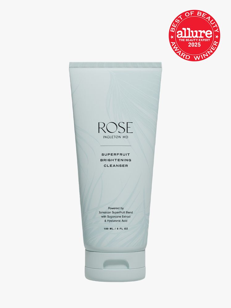 ROSE Ingleton MD SuperFruit Brightening Cleanser light blue tube on light gray background with red Allure Best of Beauty...