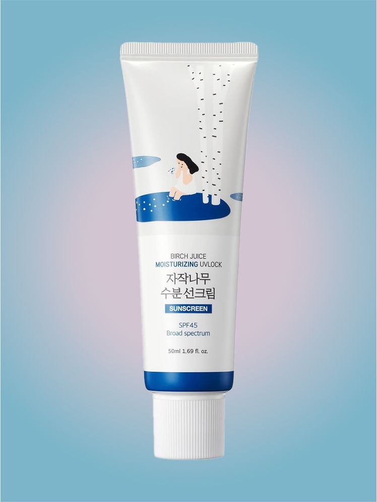 Round Lab Birch Moisturizing Sunscreen UVLock SPF 45 in branded tube component on a pink and blue background