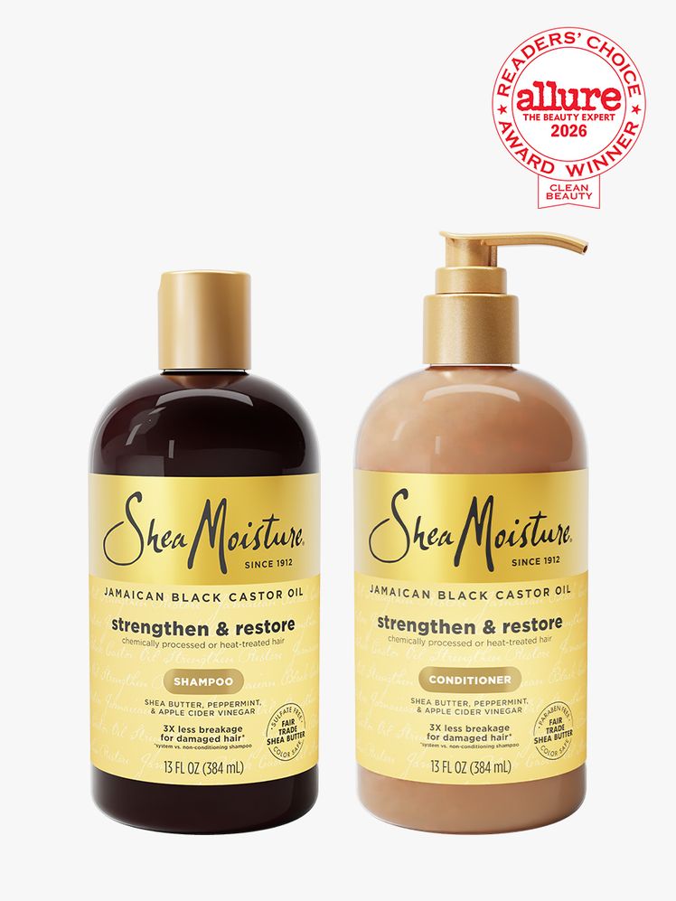 SheaMoisture Jamaican Black Castor Oil Strengthen & Restore Shampoo + Conditioner two bottles of brown and tan shampoo and conditioner on light gray background with white and red Allure Readers' Choice Award seal in the top right corner