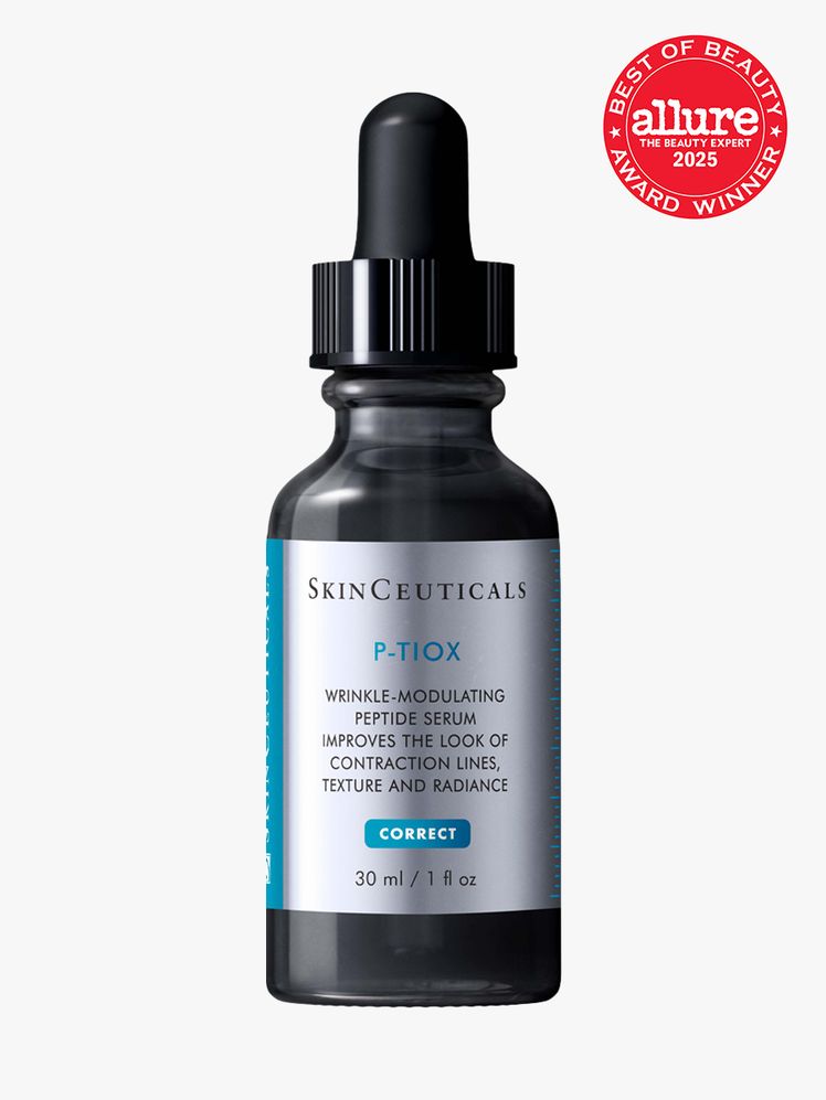 SkinCeuticals PTIOX in branded black bottle with black pipette on light gray background with red Allure Best of Beauty...
